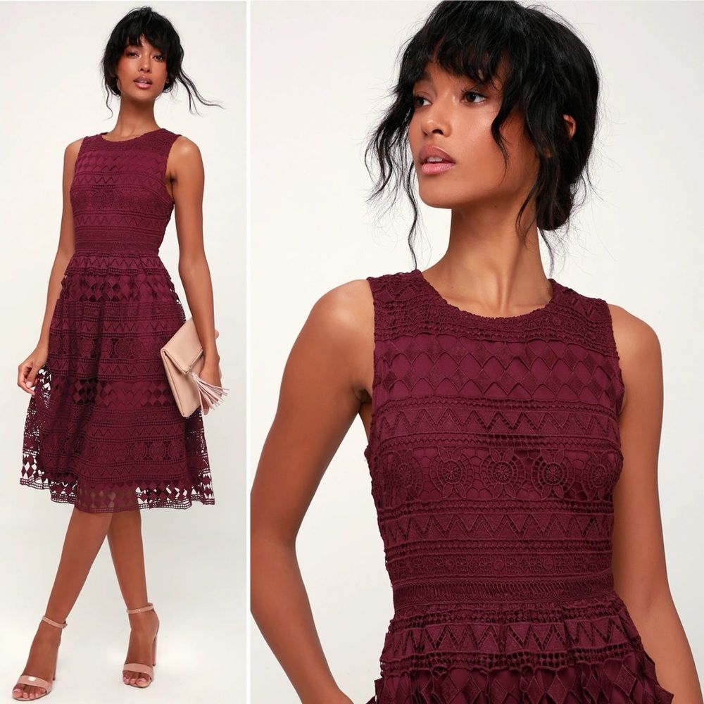 Lulus Madly in Love Plum Purple Lace Sleeveless Midi Dress M